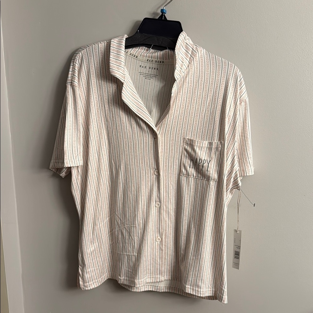 Rae Dunn Women's Pajama Set Size Large NWT Beige Stripe Button  Shorts MSRP $58